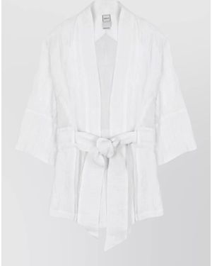 120% Lino Linen Kimono Jacket Belted Waist Design - White
