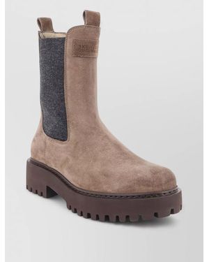 Brunello Cucinelli Suede Ankle Boots Chunky Sole Elastic Panels - Brown
