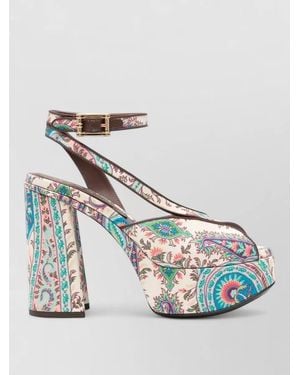Etro Leather Paisley-Print Platform Sandals - Metallic