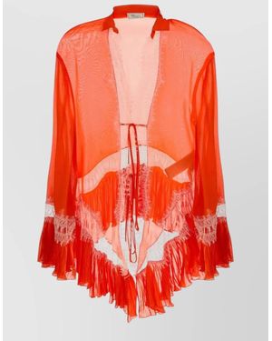 Blumarine Chiffon Blouse Open Front Lace Fringe - Red