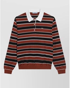 Prada Knit Polo Collar Striped Sweater Ribbed Trim - Red