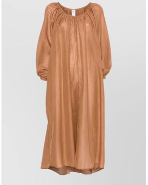120% Lino Long Dress Linen Cotton V Neckline - Brown