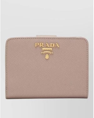 Prada Logo Compact Wallet Cardholder Snap Button - Natural