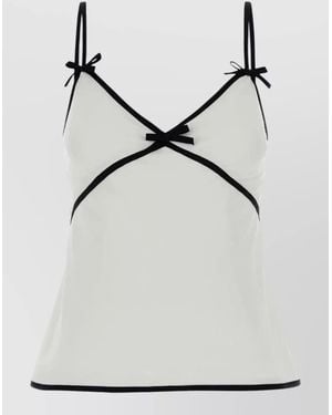 Moschino Crepe Top Sheer V Neckline Bow Trim - Multicolor