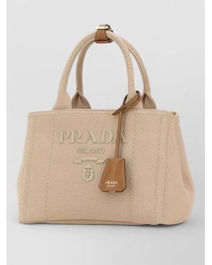 Prada Canvas Small Jardinière Handbag Stitch Detailing - Natural