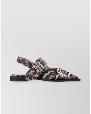 Ganni Leopard Print Slingback Buckle Ballerina Flats - Metallic