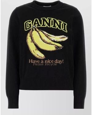 Ganni Cotton Crew Neck Sweater Graphic Print - Black