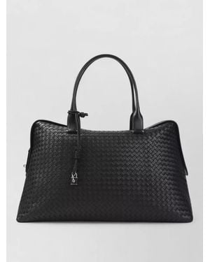 Bottega Veneta Intrecciato Leather Duffle Bag Braided Handles - Black