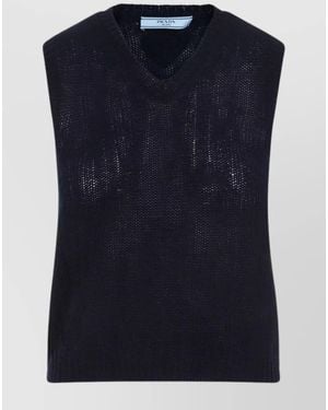 Prada Cashmere Semi-Sheer Knitted V-Neck Sleeveless Top - Blue