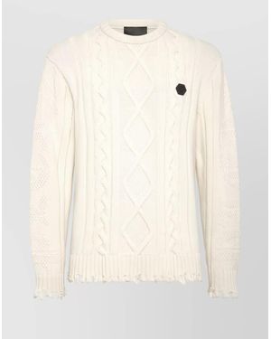 Philipp Plein Knitwear Crew Neck Frayed Hem Sweater - Natural