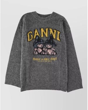 Ganni Alpaca-Blend Graphic Mushroom Teddy Print Sweater - Gray