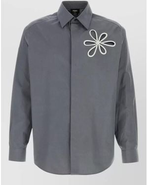 Fendi Comfort Cotton Shirt Bloom Embroidered Detail - Grey