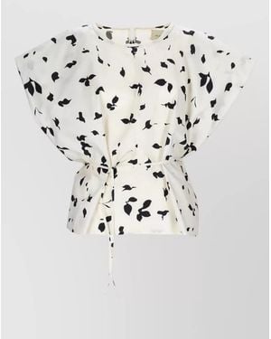 Alysi Top Ribbon Detail Abstract Print Drawstring - White