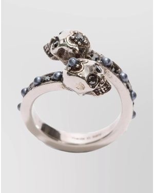 McQueen Wrap-Around Skull Ring Adorned Gemstone Embellishments - White