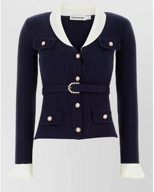Self-Portrait Knit Cardigan Belted Waist Button Detailing - Blue