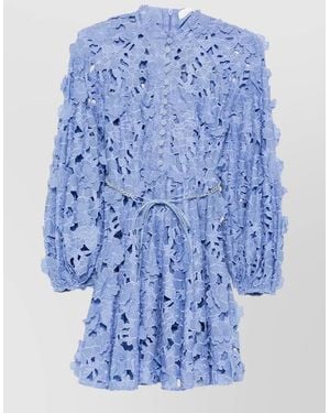 Zimmermann Patience Long Sleeve Lace Belted Mini Dress - Blue
