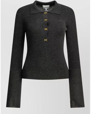 Ganni Logo Knit Polo Long Sleeve Sweater - Black