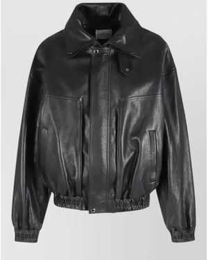 Magda Butrym Aviator Leather Jacket High Collar Design - Black