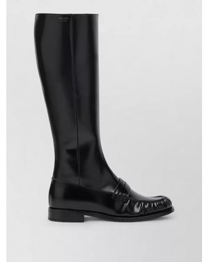 Prada Knee High Boots Round Toe Smooth Finish - Black