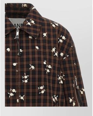 Ganni Floral-Embroidered Checked Bomber Jacket - Black