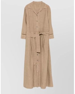 120% Lino Linen Dress Belted Waist Pleated Design - Natural