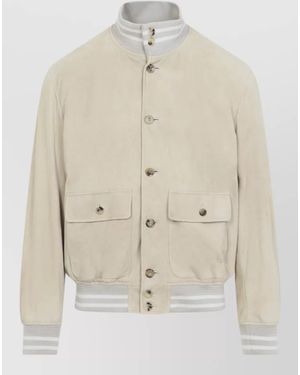 Ralph Lauren Suede Bomber Jacket Varsity Design - Natural