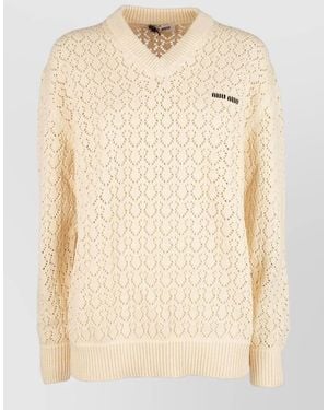 Miu Miu V Neck Open Knit Top Ribbed Trims - Natural