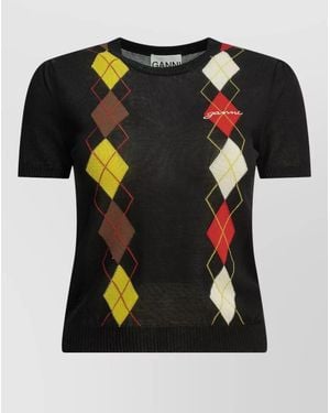 Ganni Argyle Knit Crewneck Short Sleeve Sweater - Black