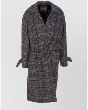 Balenciaga Wool Checked Belted Single Breasted Coat - Grey