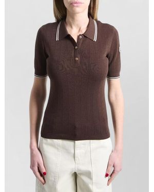 Moncler Logo Knit Diamond Pattern Polo Shirt - Brown