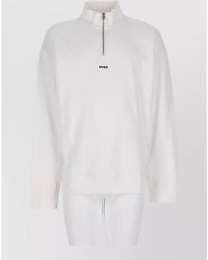 HUGO Relaxed Fit T Shirt High Collar Long Sleeves - White