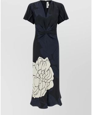 Victoria Beckham V Neck Midi Dress Ruched Floral - Blue