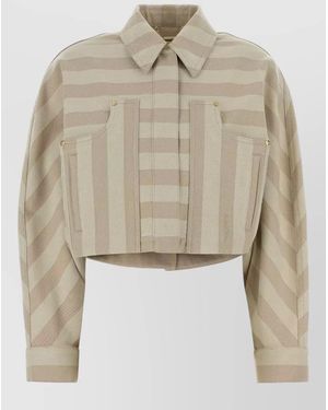 Fendi Striped Cropped Drill Jacket Front Pockets - Natural