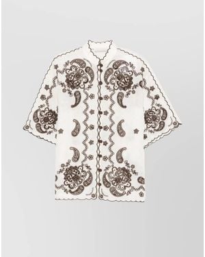 Zimmermann Embroidered Linen Mock Neck Short-Sleeve Shirt - White
