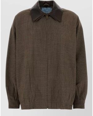 Prada Wool Jacket Check Pattern Long Sleeves Collar - Brown