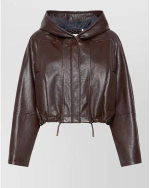 Sportmax Leather Quilted Hooded Bomber Jacket - Brown