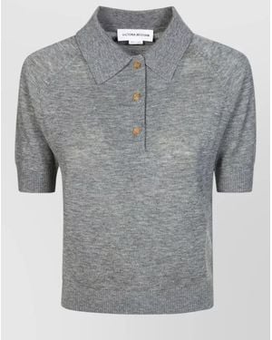 Victoria Beckham Knit Polo Top Short Sleeves Ribbed Trims - Grey