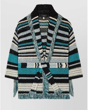 Alanui Belted Long Cardigan Open Front Stripes - Grey