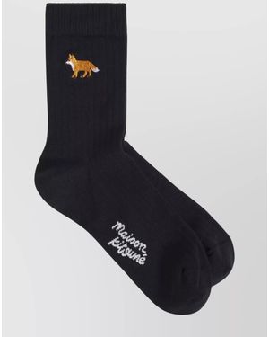 Maison Kitsuné Ankle Socks With Embroidered Fox Design - Black