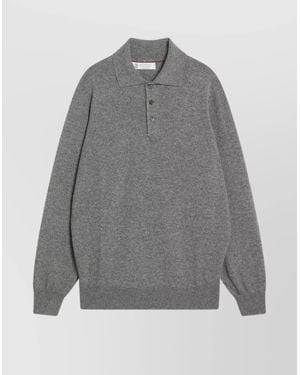 Brunello Cucinelli Cashmere Polo Ribbed Collar Cuffs Hem - Gray