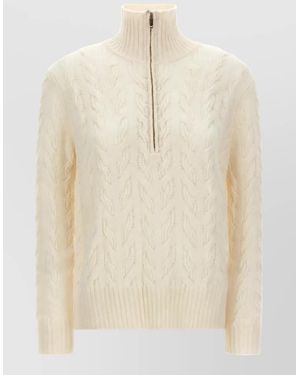 Max Mara Cashmere Wool Cable-Knit Half-Zip High-Neck Sweatshirt - Natural