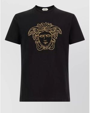 Versace Cotton Jersey Medusa Embroidered Short Sleeve T Shirt - Black
