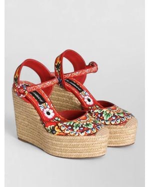 Dolce & Gabbana Canvas Wedge Espadrille Sandal Leather Trim - Pink