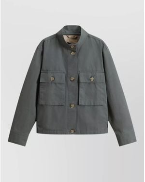 Woolrich Canvas Utility Overshirt Stand Collar Pockets - Grey