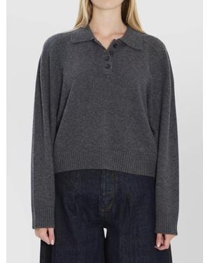 Loulou de Saison Cashmere Ribbed Cropped Relaxed-Fit Long-Sleeve Polo Shirt - Grey