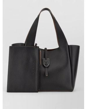 Hogan Shoulder Shopping Bag Exposed Grain Leather - Black