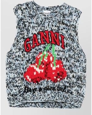 Ganni Wool Knit Vest Crew Neck Graphic - Grey