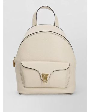Coccinelle Leather Backpack Front Pocket Top Handle - Natural