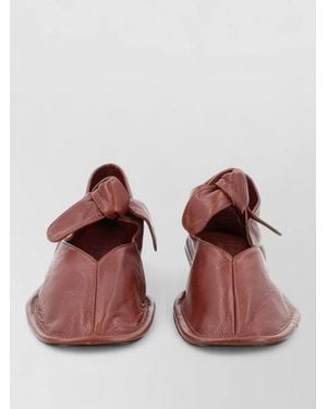 Hereu Leather Bow Loafers Flat Sole Round Toe - Brown