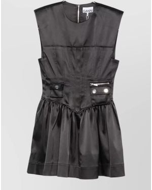 Ganni Satin Mini Dress Corset Bodice Cargo Pockets - Black